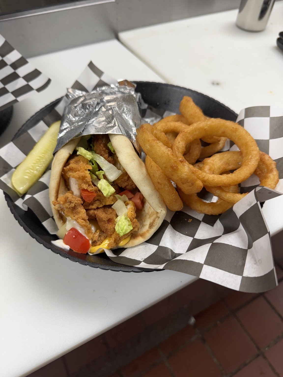 MVP pita sandwich with onion rings